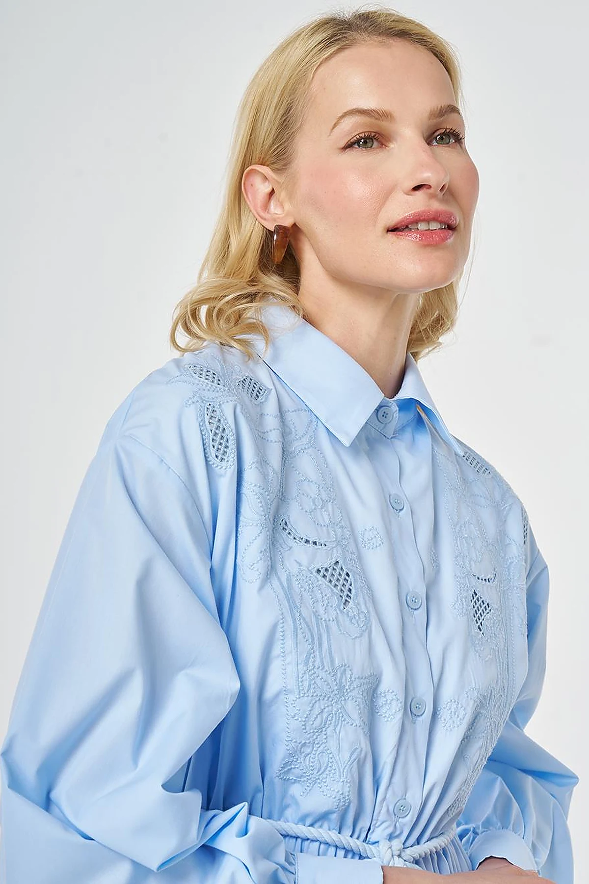Embroidered Cotton Dress Ice Blue