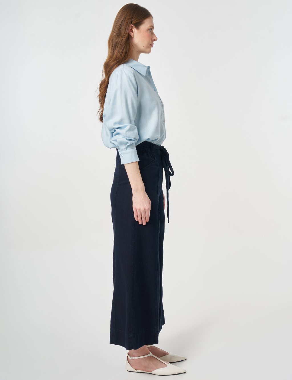 Belt Detail Washed Denim Pants Navy Blue