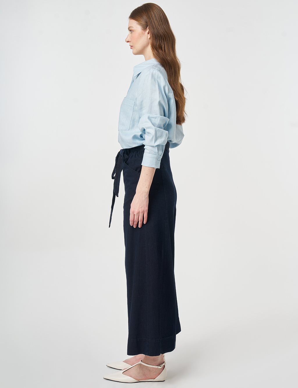 Belt Detail Washed Denim Pants Navy Blue