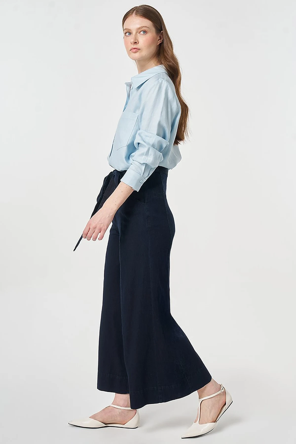 Belt Detail Washed Denim Pants Navy Blue