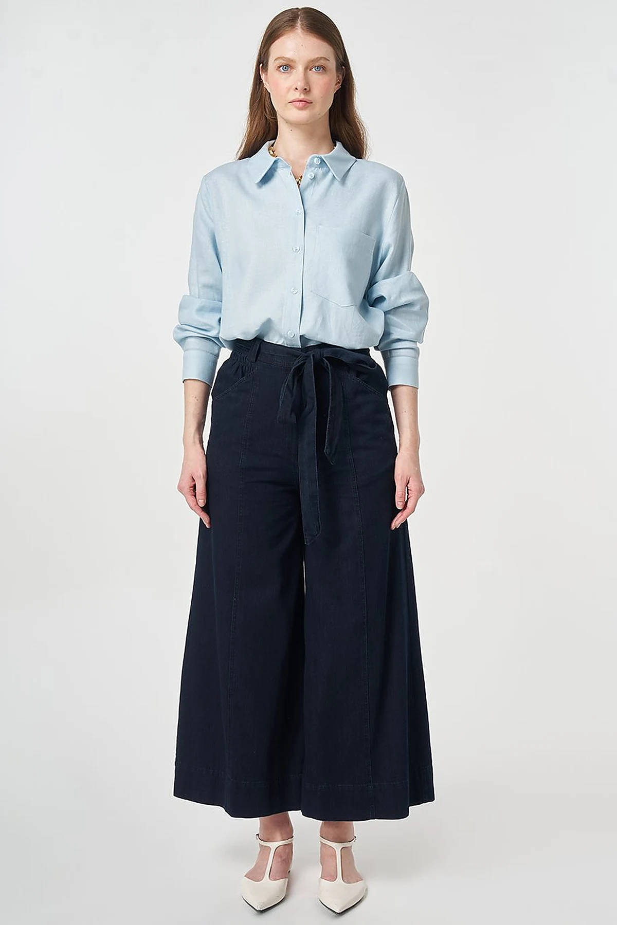 Belt Detail Washed Denim Pants Navy Blue