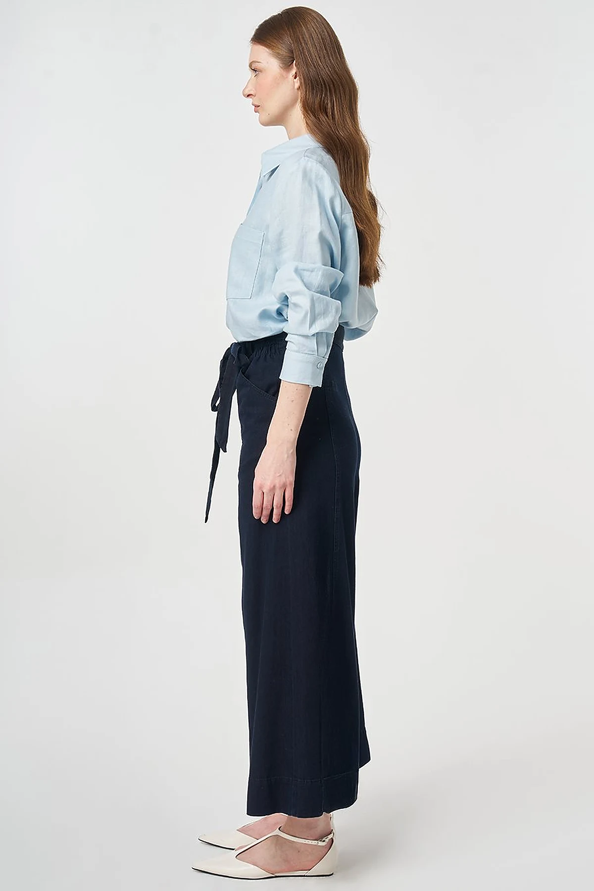 Belt Detail Washed Denim Pants Navy Blue