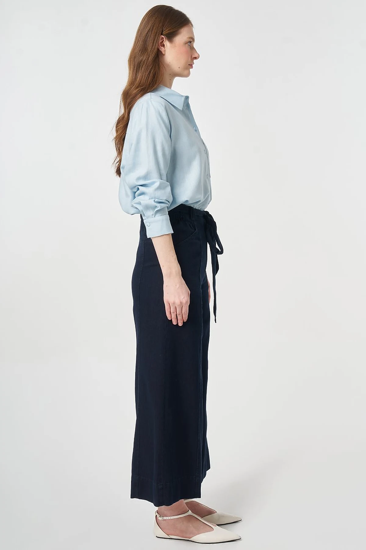 Belt Detail Washed Denim Pants Navy Blue