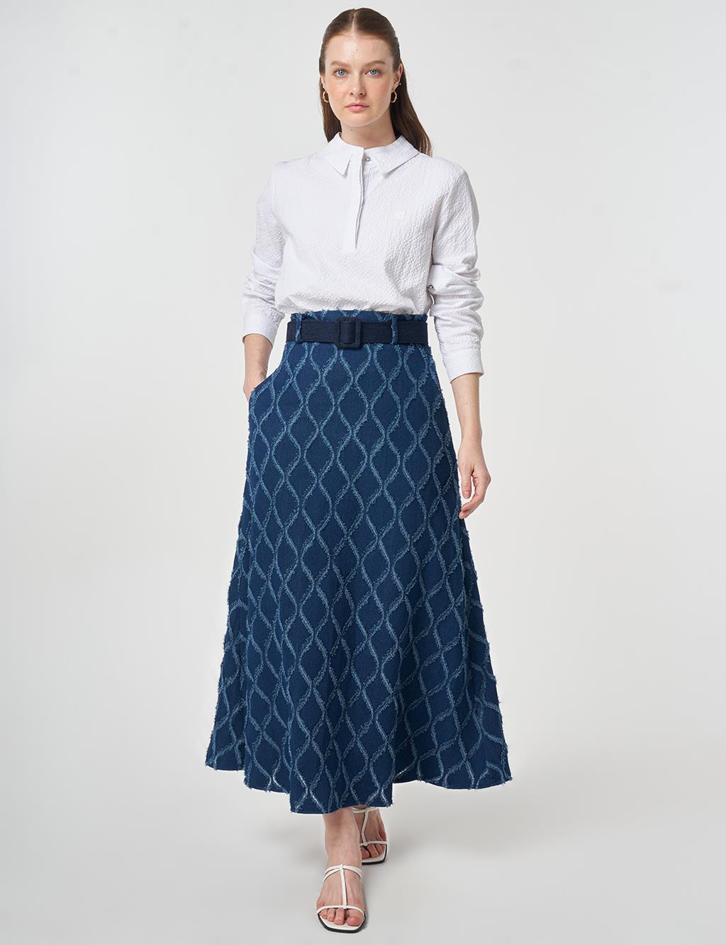 Distressed Denim Skirt with Belt Detail Navy Blue