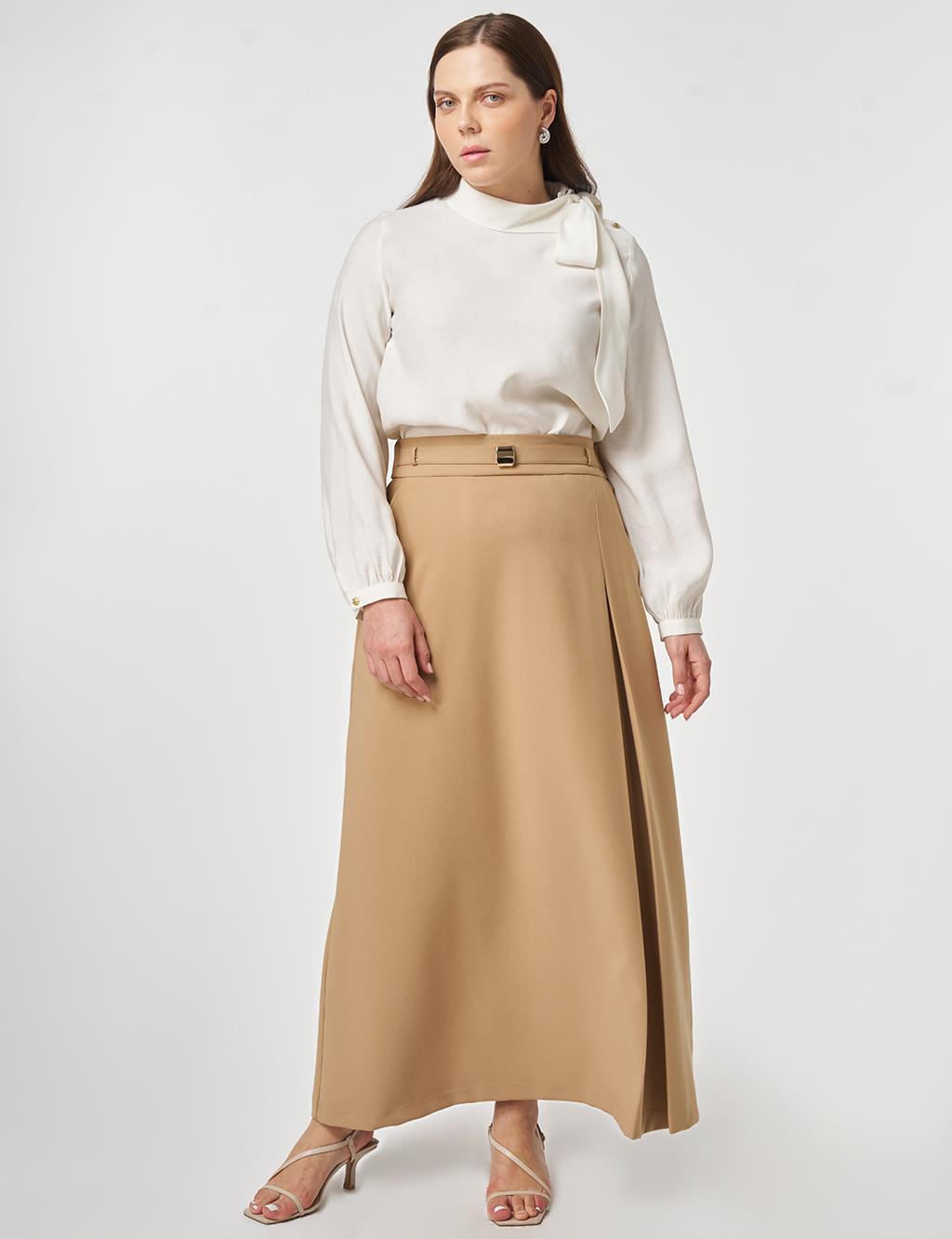 Buckle-Detail Flared Skirt Beige
