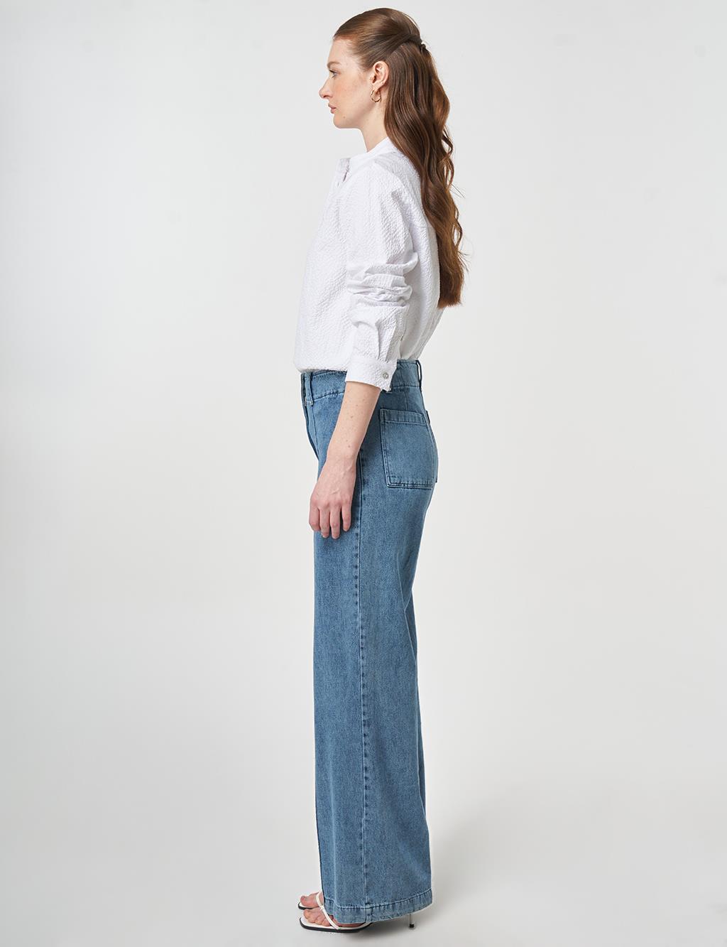 Yıkamalı Çima Dikişli Denim Pantolon Açık Mavi