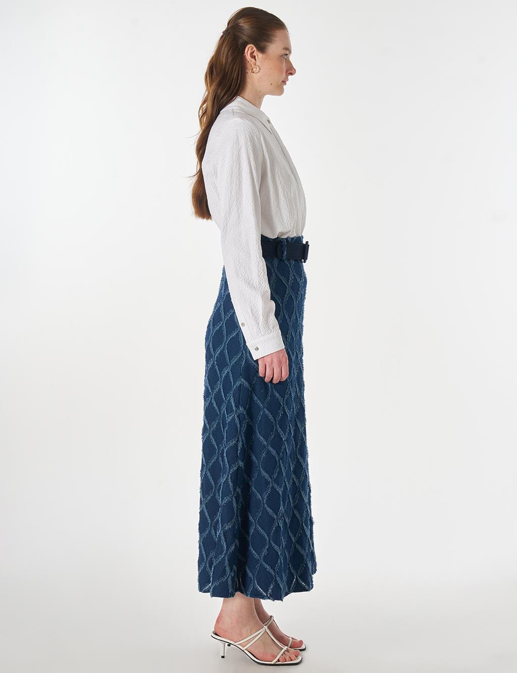 Distressed Denim Skirt with Belt Detail Navy Blue