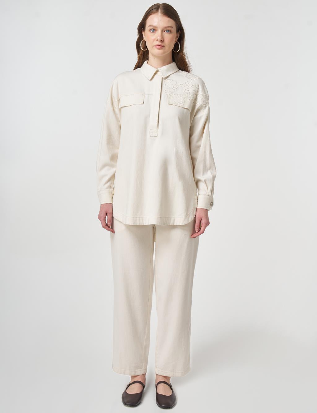 Embroidered Applique Two-Piece Set Cream