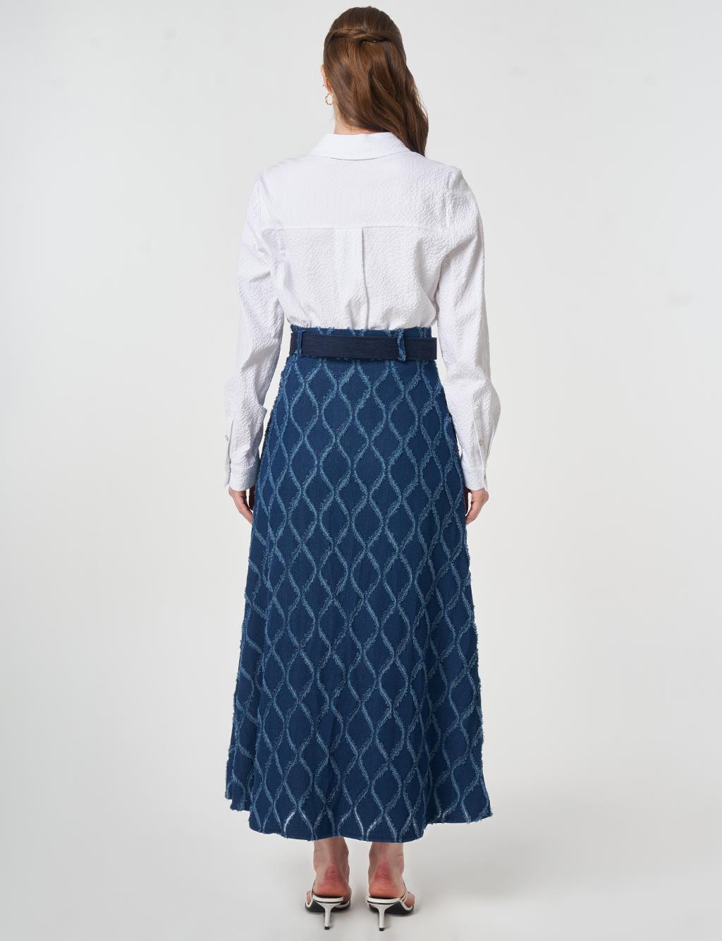 Distressed Denim Skirt with Belt Detail Navy Blue