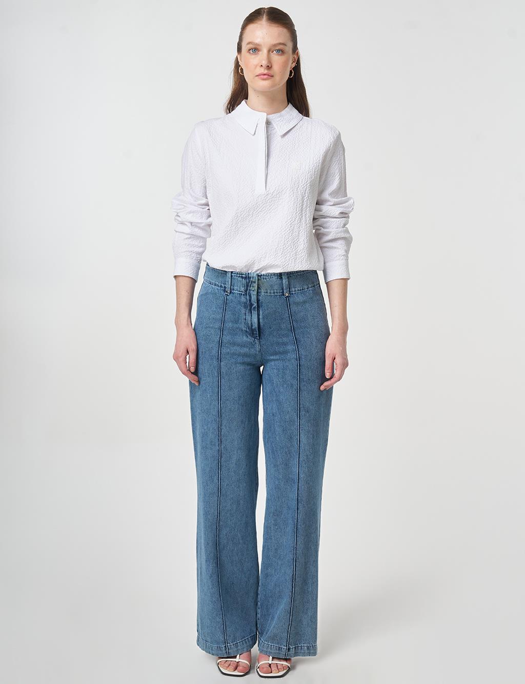 Yıkamalı Çima Dikişli Denim Pantolon Açık Mavi