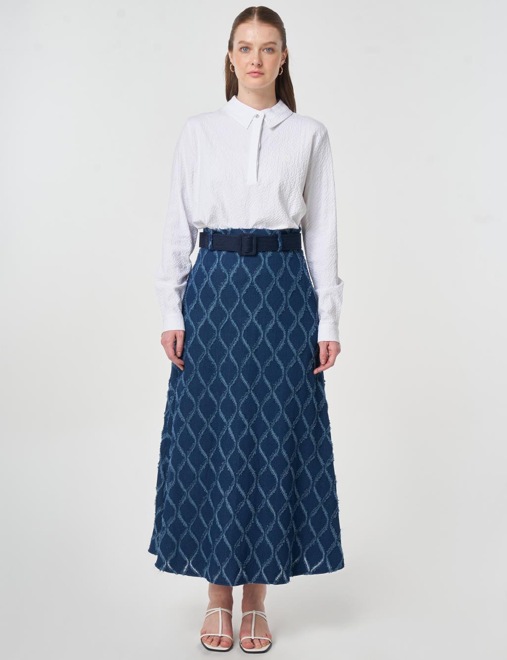 Distressed Denim Skirt with Belt Detail Navy Blue