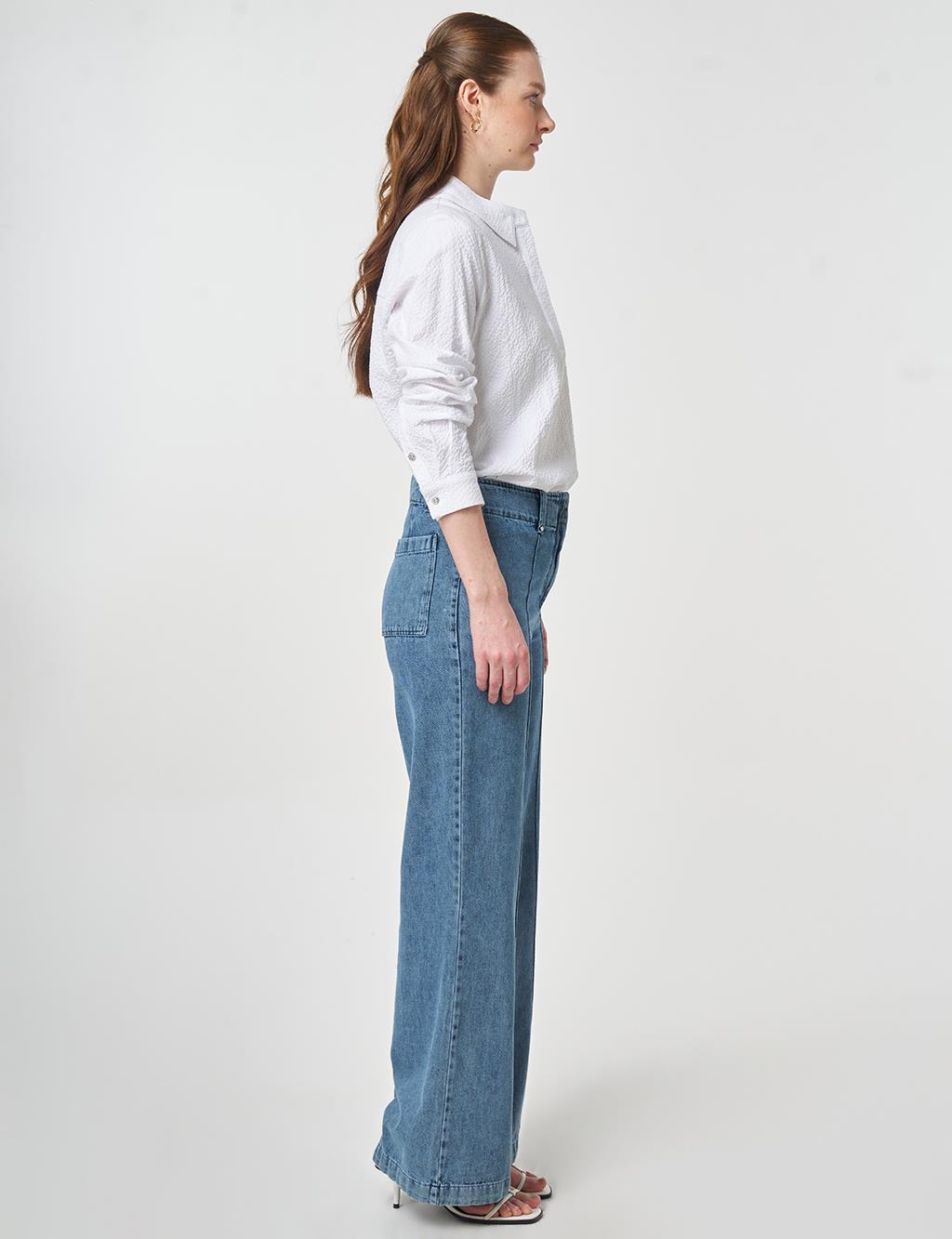 Yıkamalı Çima Dikişli Denim Pantolon Açık Mavi