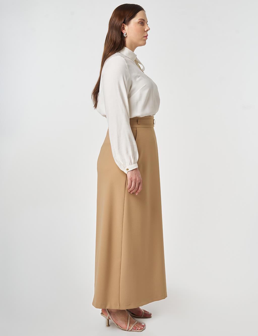 Buckle-Detail Flared Skirt Beige