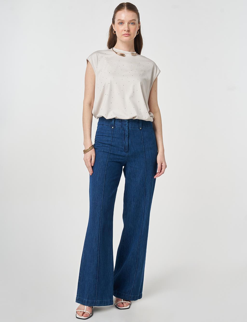 Yıkamalı Çima Dikişli Denim Pantolon Lacivert