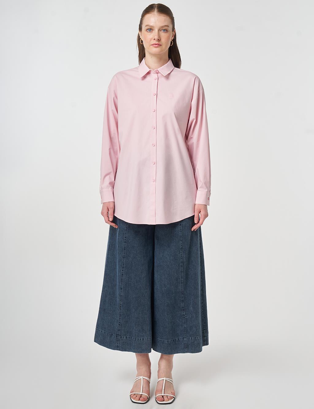 Düğmeli Poplin Gömlek Pudra