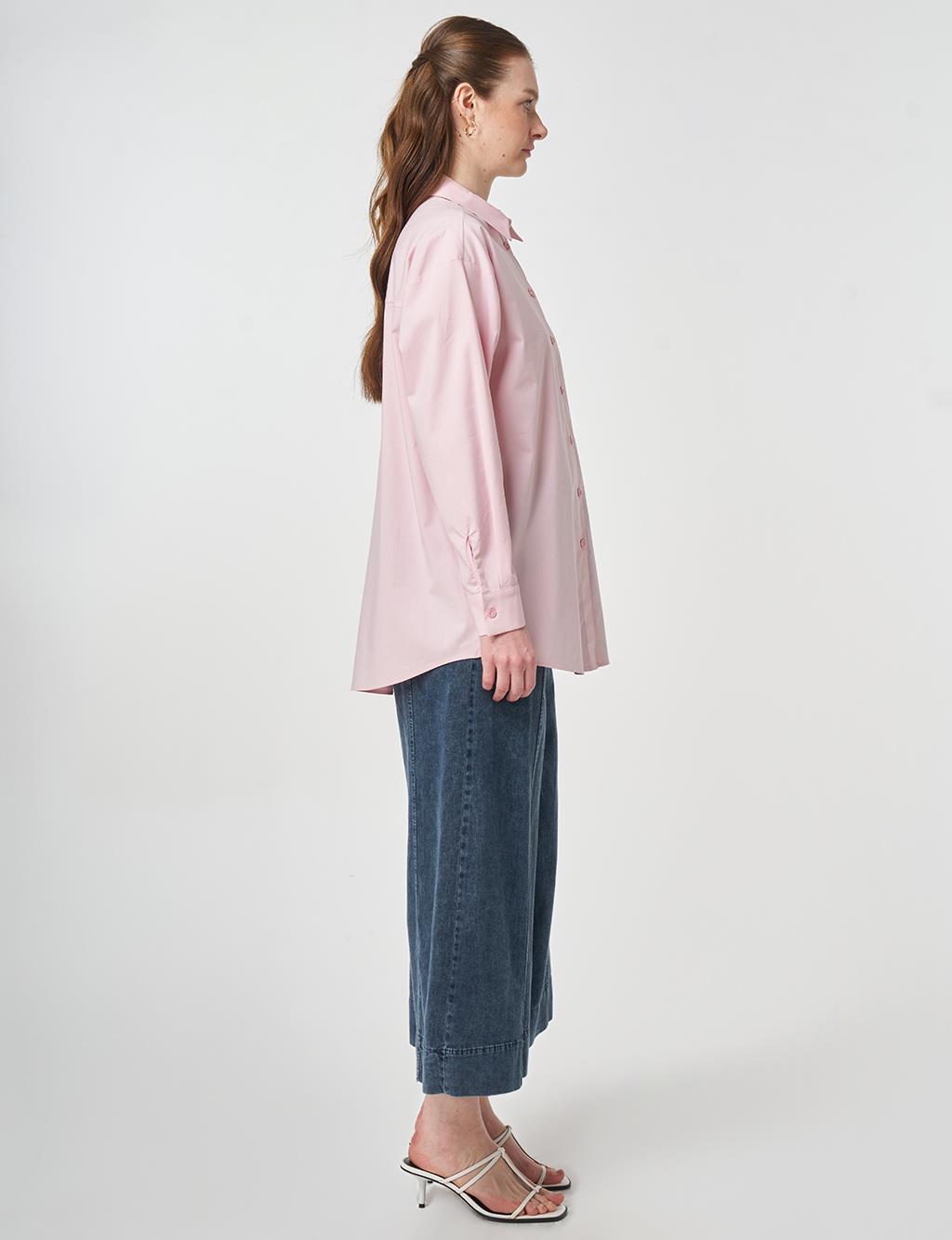 Düğmeli Poplin Gömlek Pudra