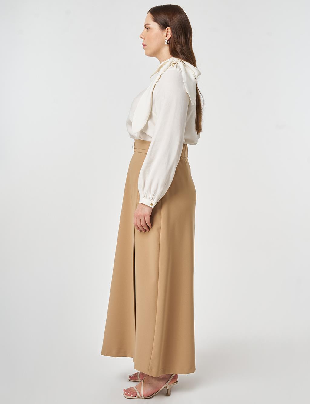 Buckle-Detail Flared Skirt Beige