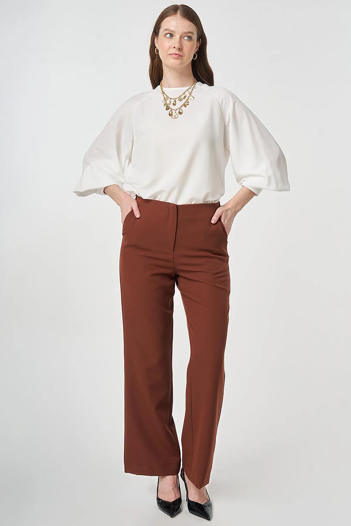 Beli Lastikli Basic Pantolon Koyu Kahve 