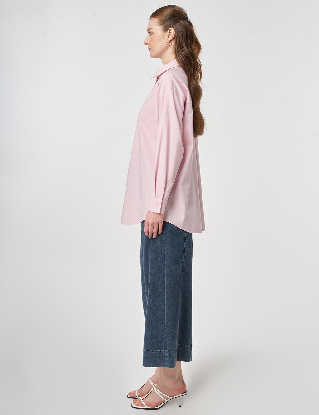 Düğmeli Poplin Gömlek Pudra