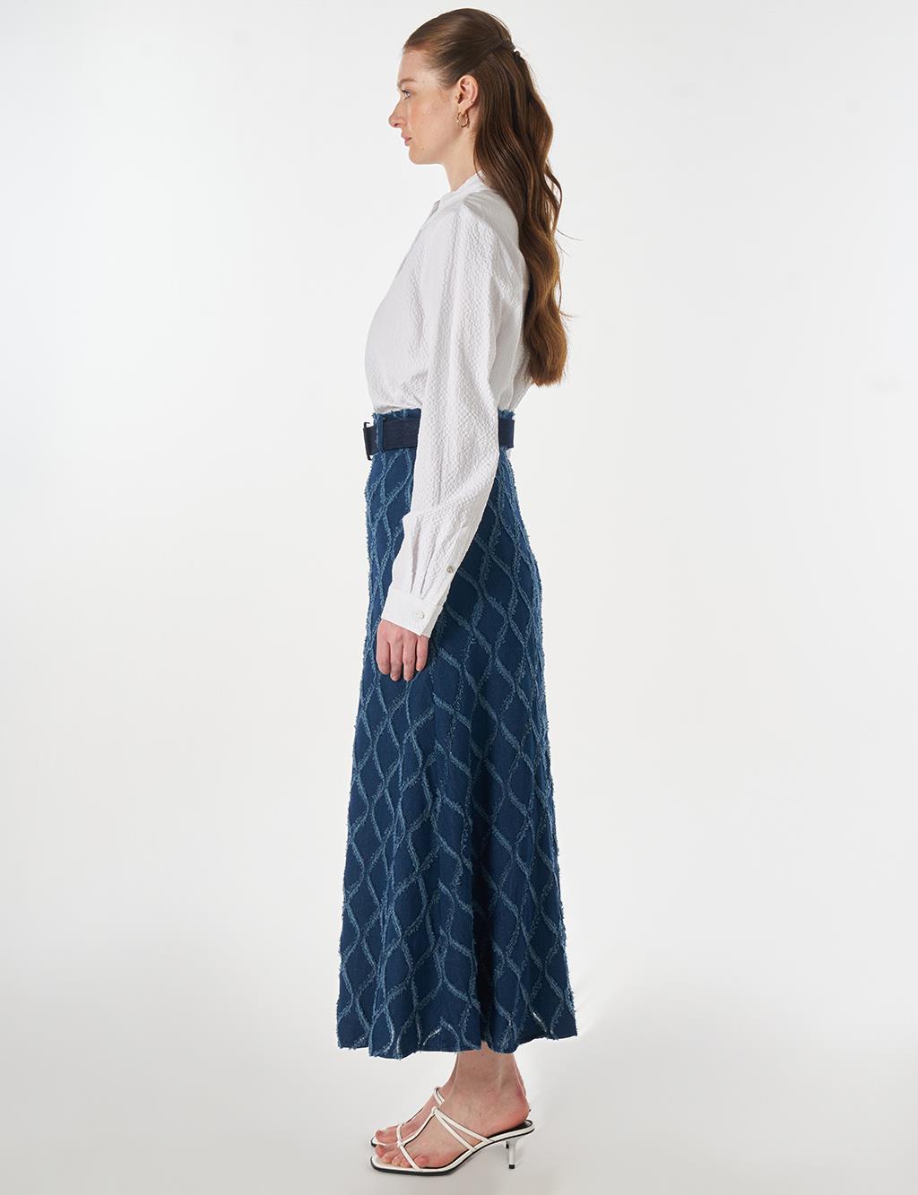 Distressed Denim Skirt with Belt Detail Navy Blue