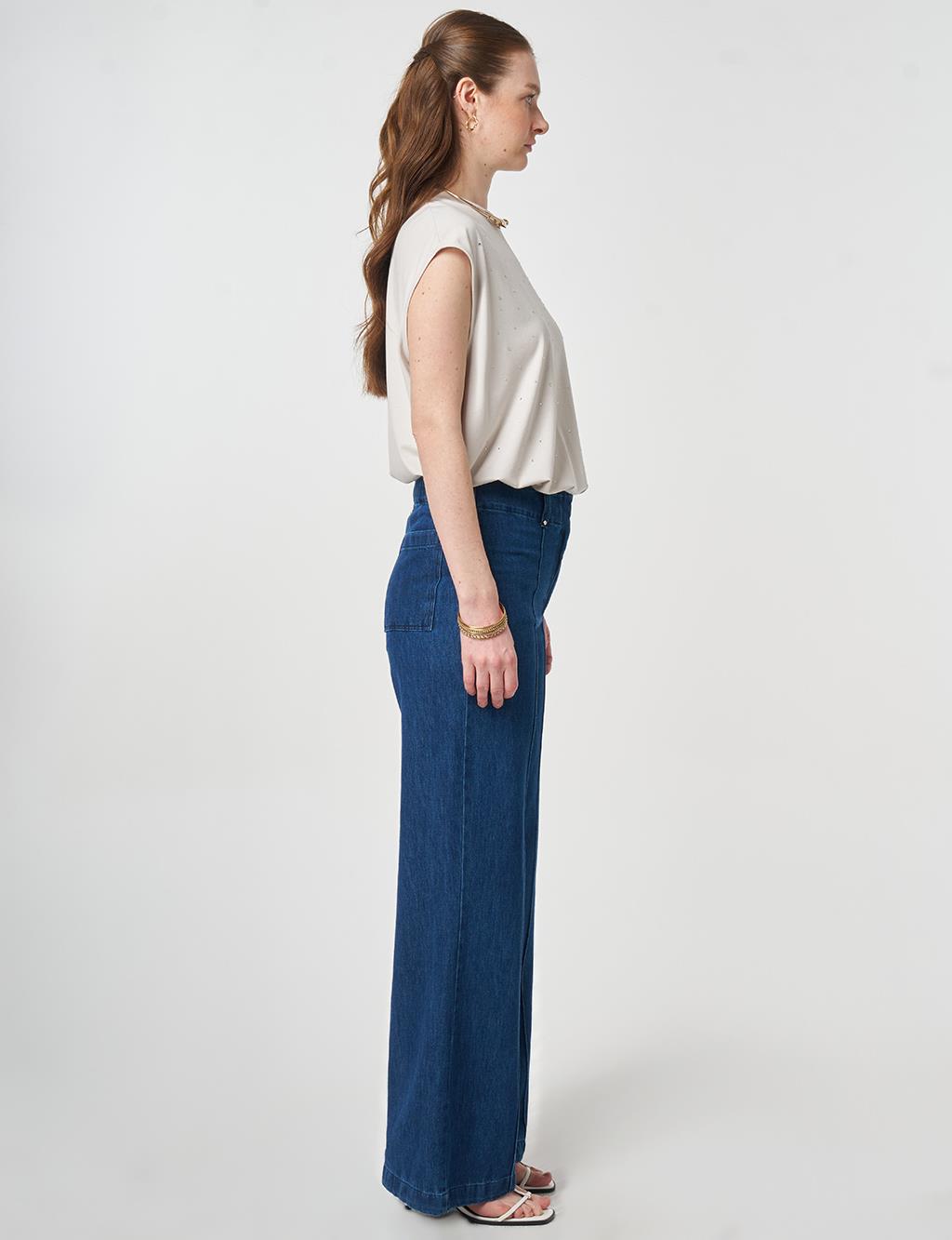 Yıkamalı Çima Dikişli Denim Pantolon Lacivert