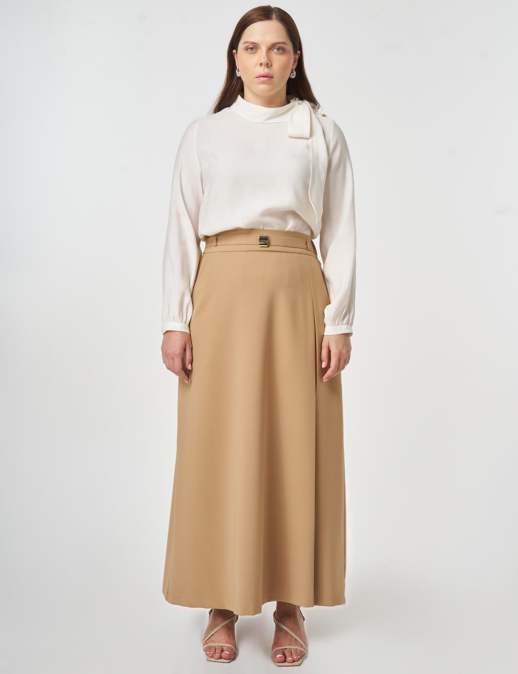 Buckle-Detail Flared Skirt Beige