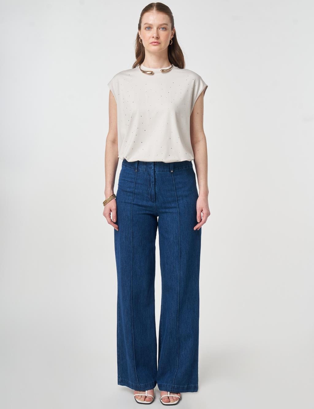 Yıkamalı Çima Dikişli Denim Pantolon Lacivert