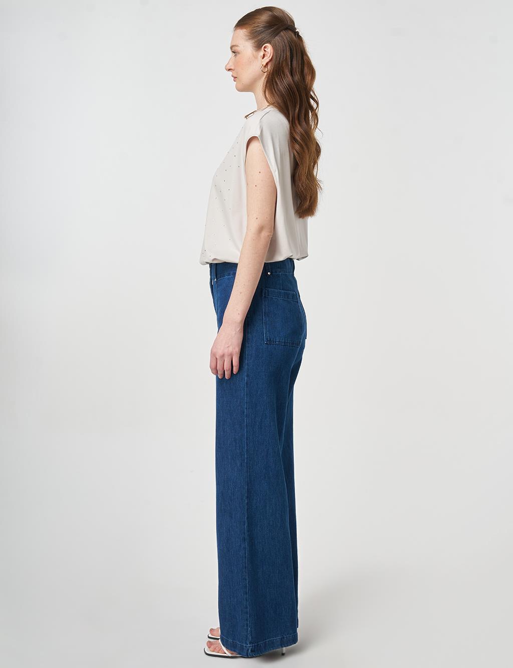 Yıkamalı Çima Dikişli Denim Pantolon Lacivert