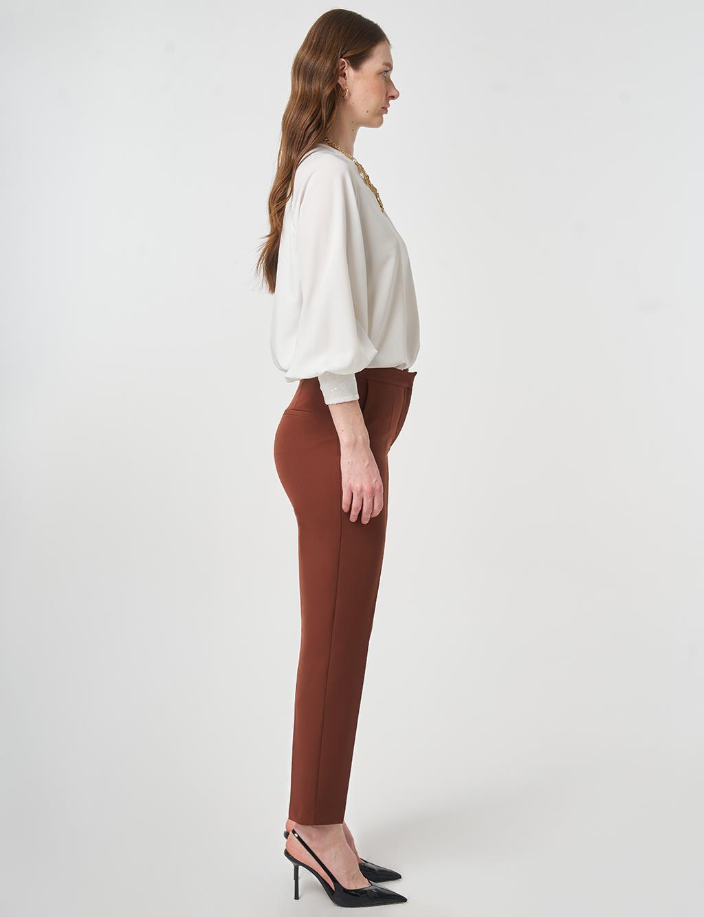 Ütü İzli Basic Kumaş Pantolon Koyu Kahve