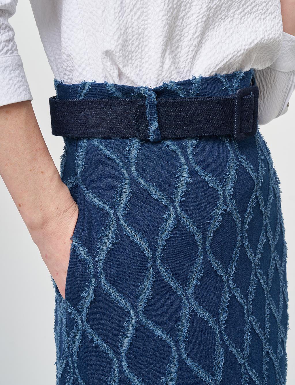 Distressed Denim Skirt with Belt Detail Navy Blue