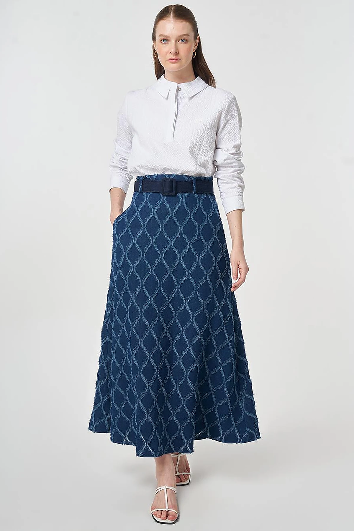 Distressed Denim Skirt with Belt Detail Navy Blue