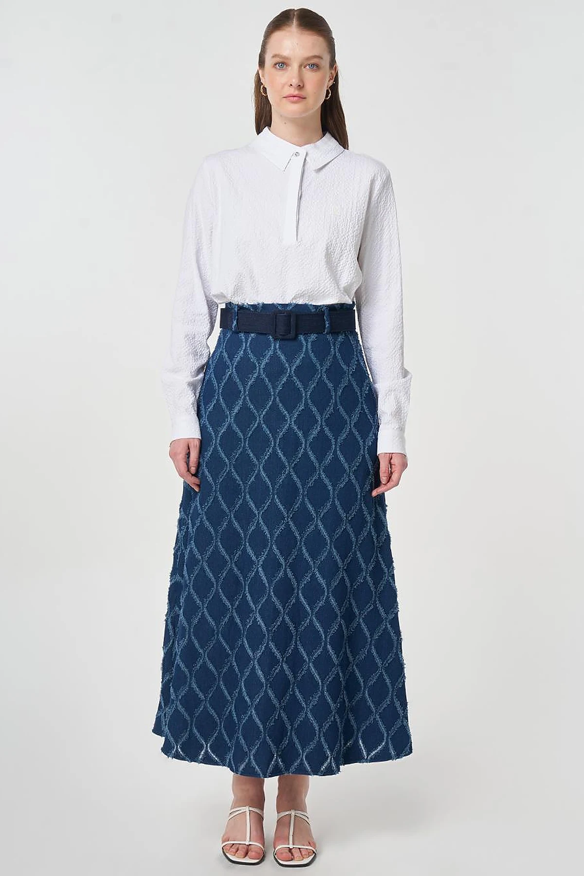 Distressed Denim Skirt with Belt Detail Navy Blue