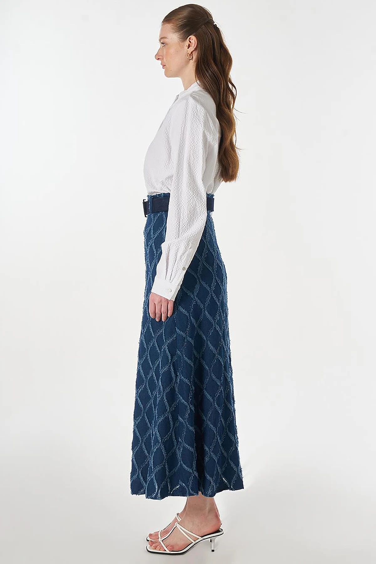 Distressed Denim Skirt with Belt Detail Navy Blue