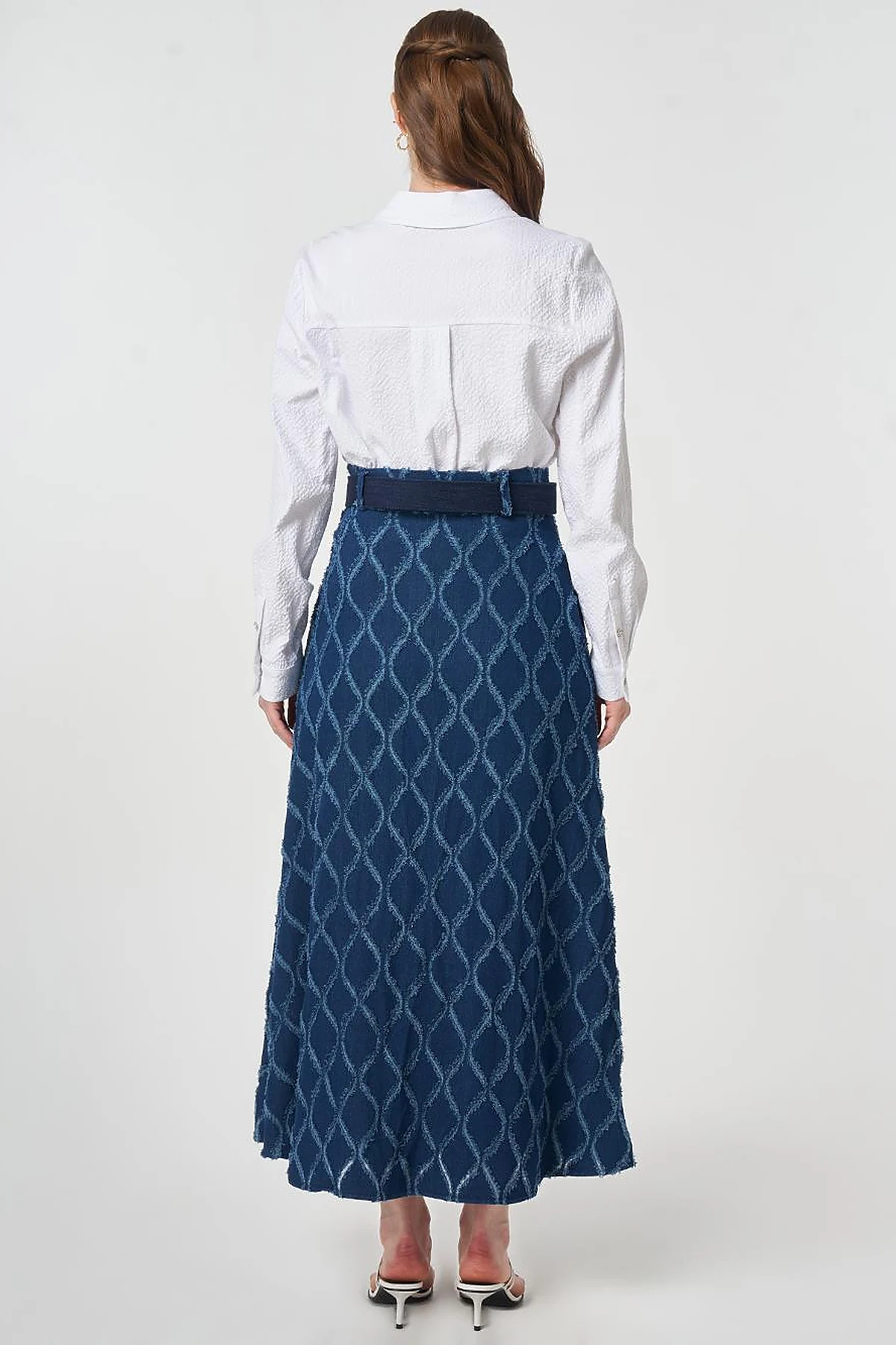 Distressed Denim Skirt with Belt Detail Navy Blue