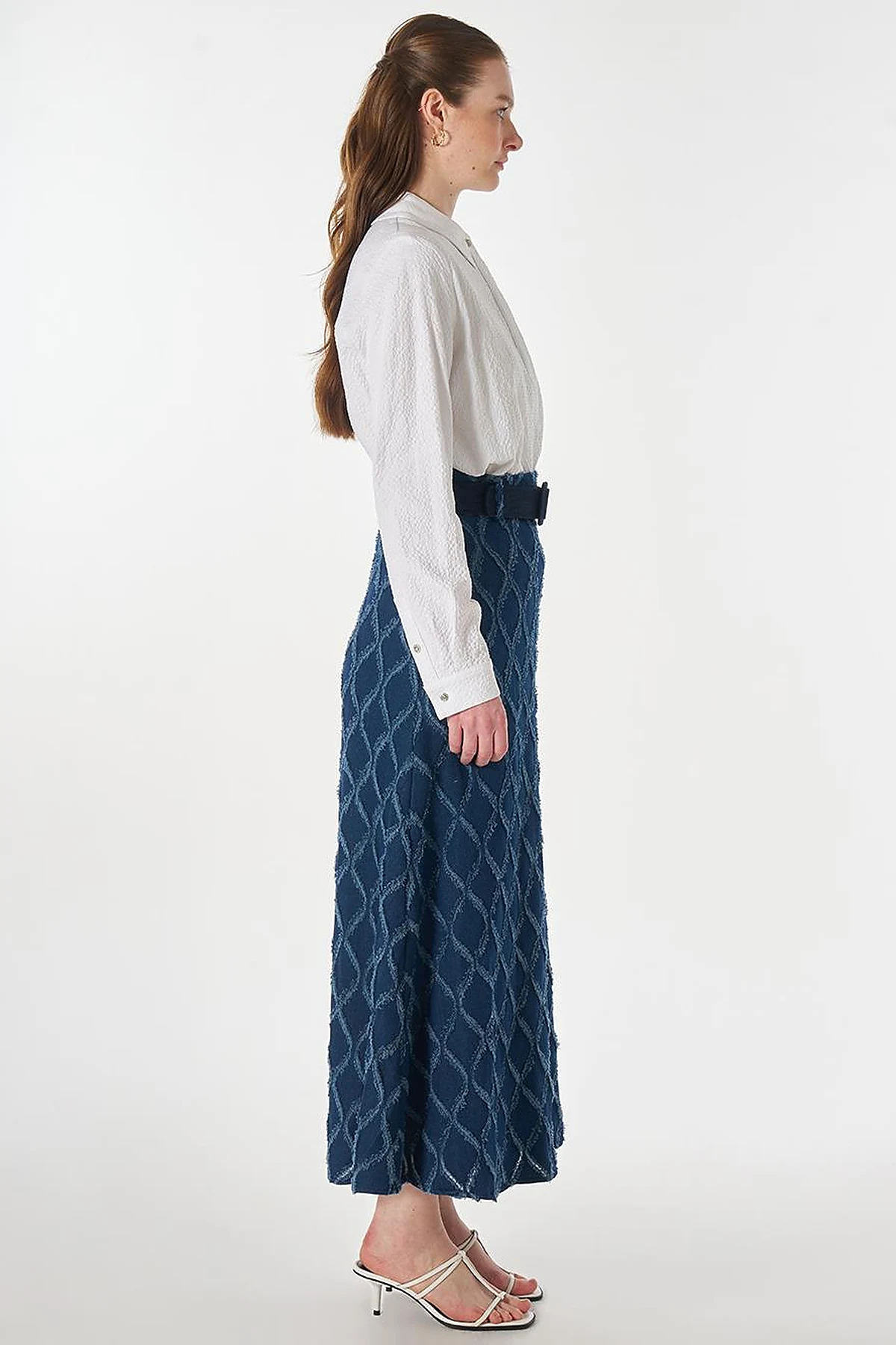 Distressed Denim Skirt with Belt Detail Navy Blue