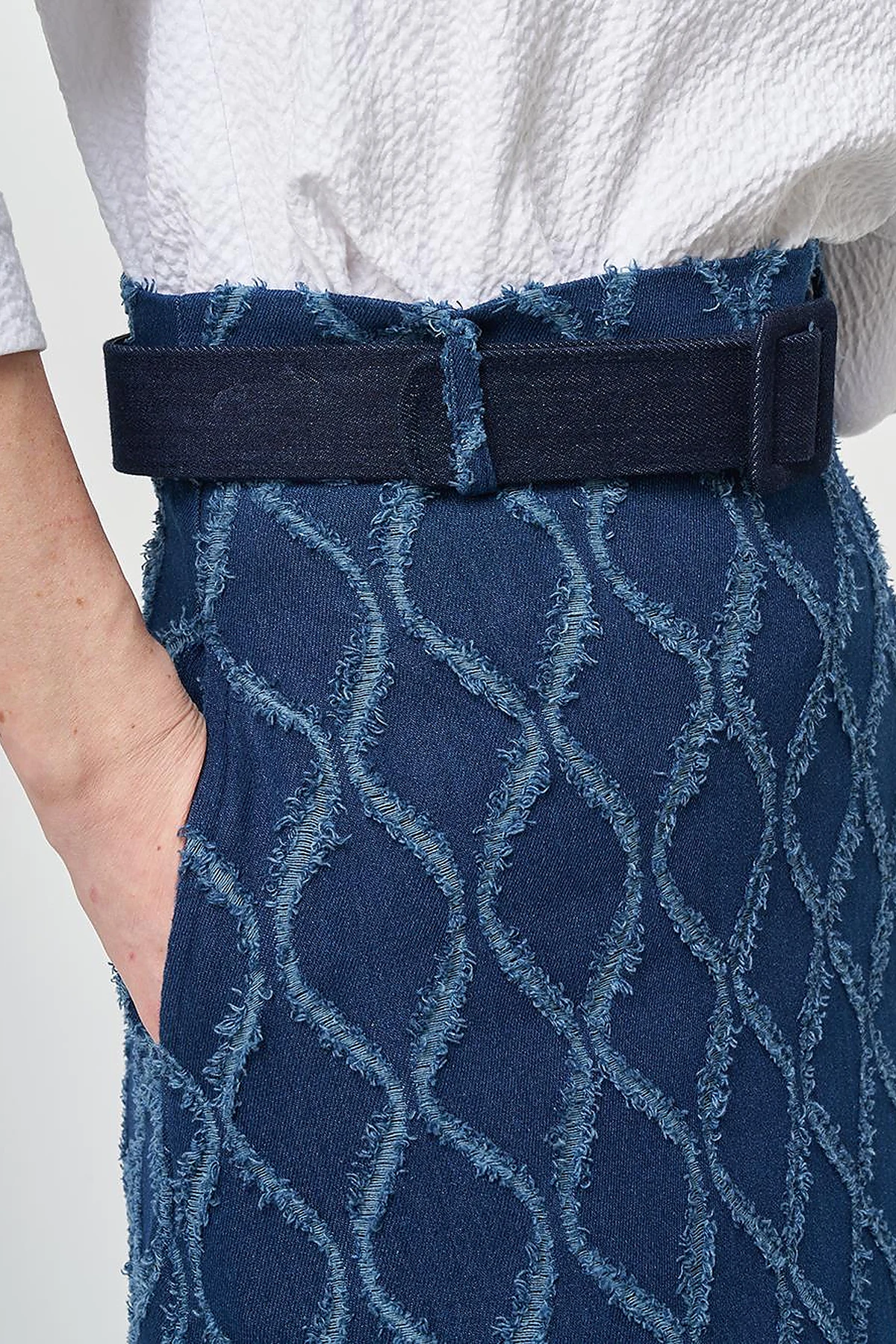 Distressed Denim Skirt with Belt Detail Navy Blue