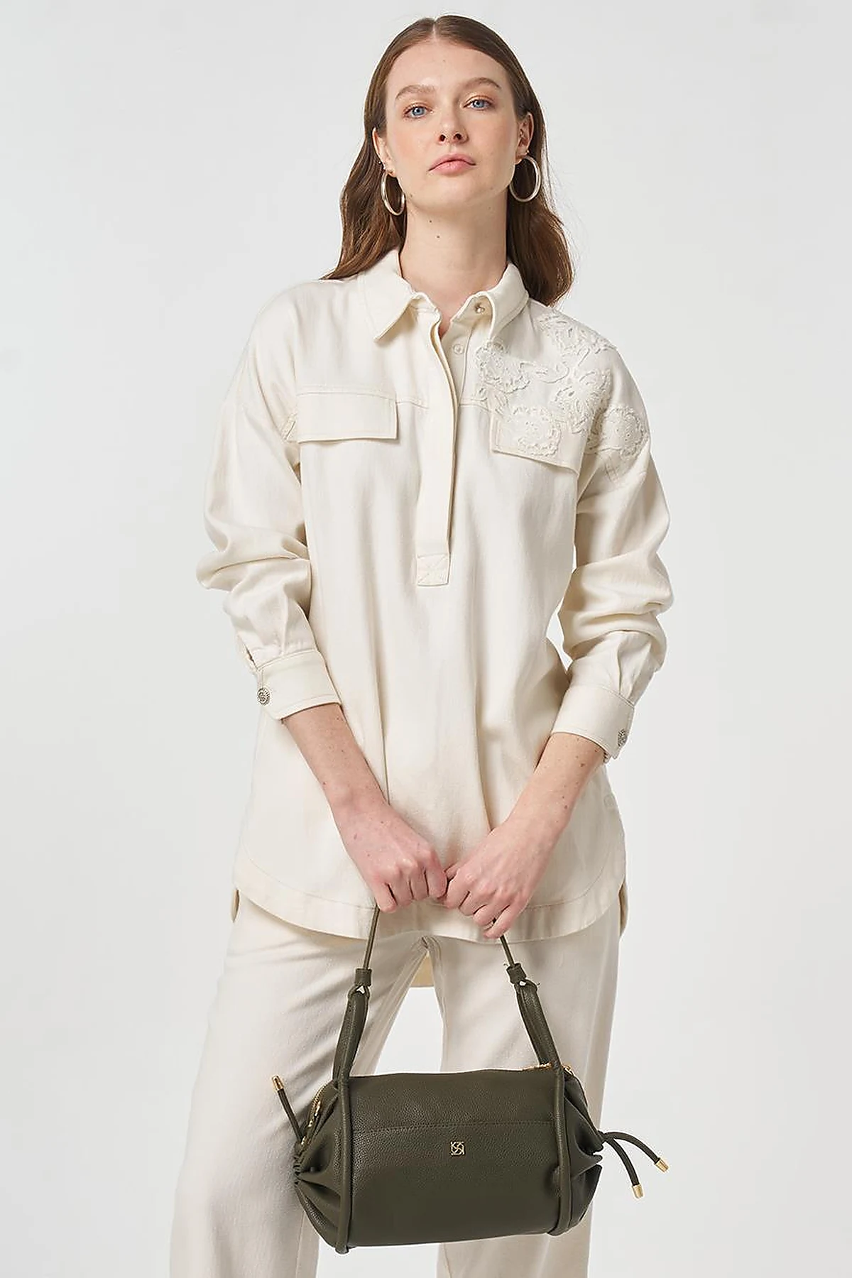 Embroidered Applique Two-Piece Set Cream