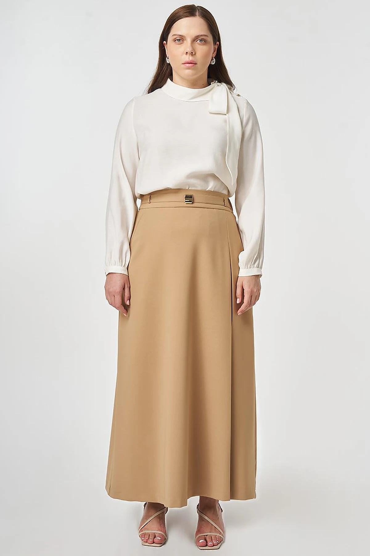 Buckle-Detail Flared Skirt Beige