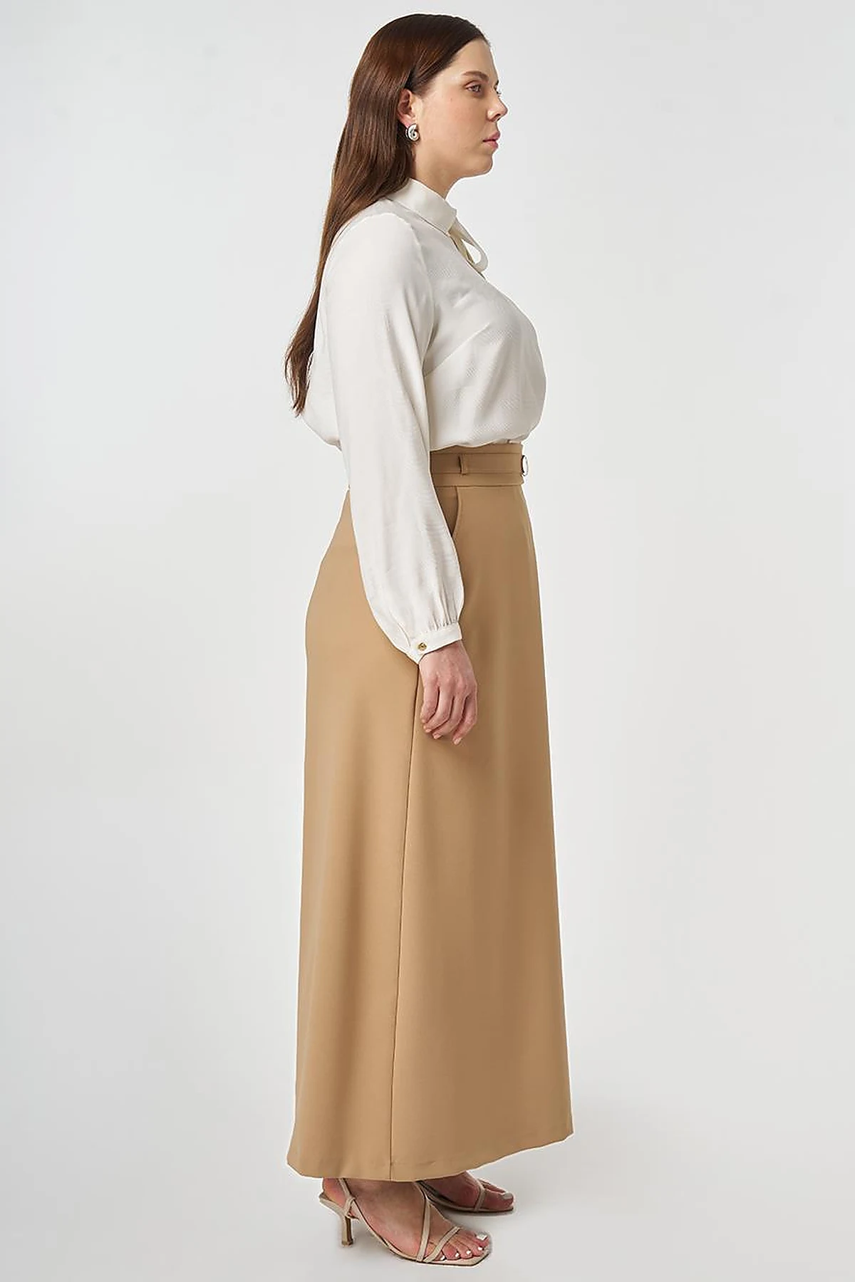 Buckle-Detail Flared Skirt Beige