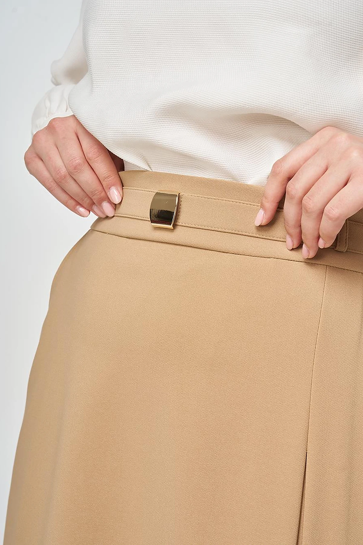 Buckle-Detail Flared Skirt Beige