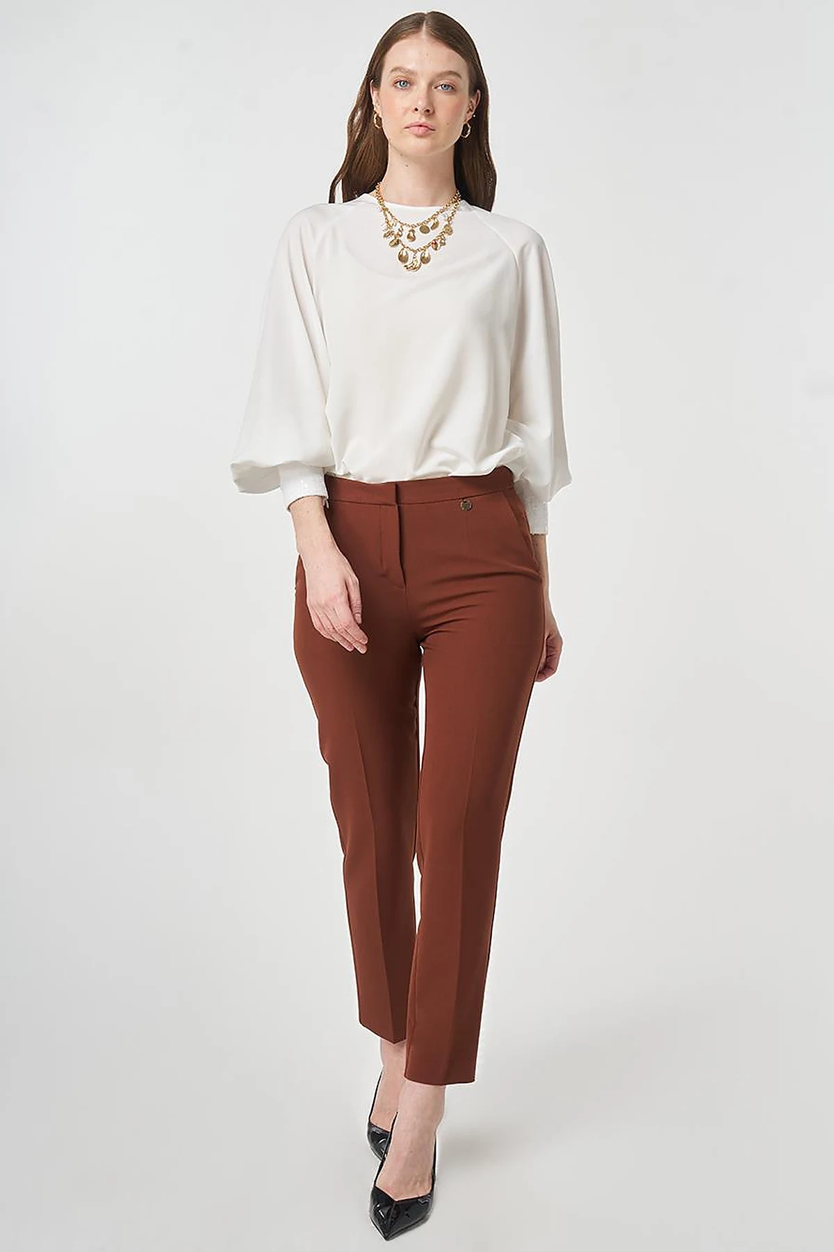 Pressed-Effect Basic Fabric Pants Dark Brown