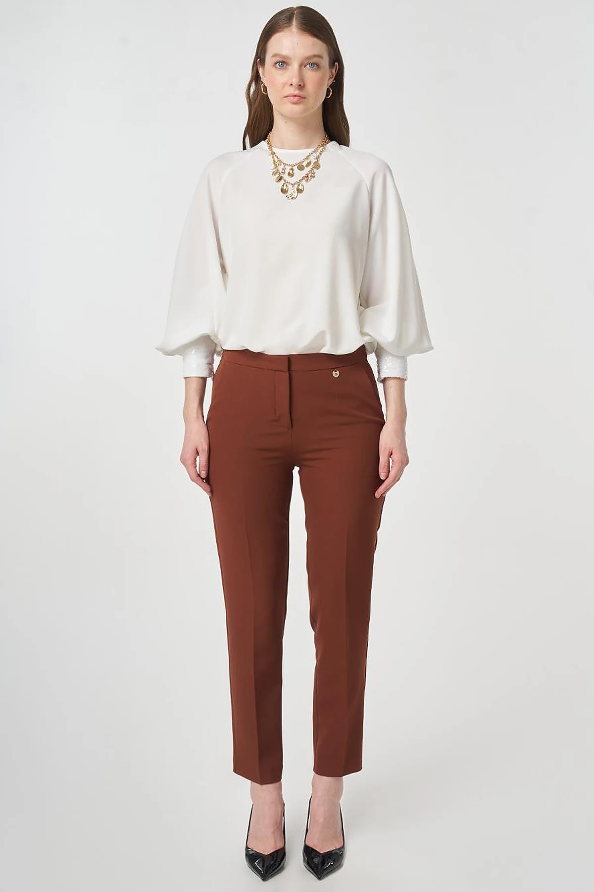 Pressed-Effect Basic Fabric Pants Dark Brown