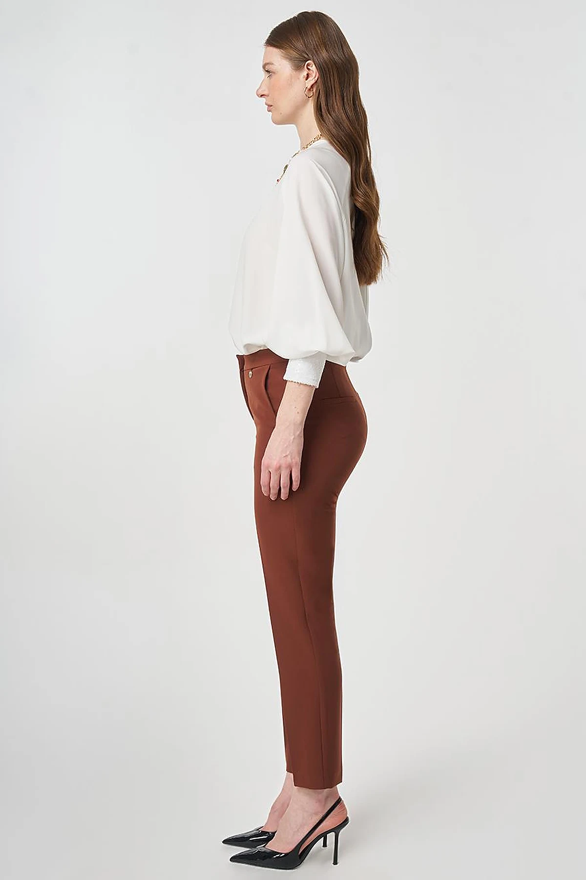 Pressed-Effect Basic Fabric Pants Dark Brown