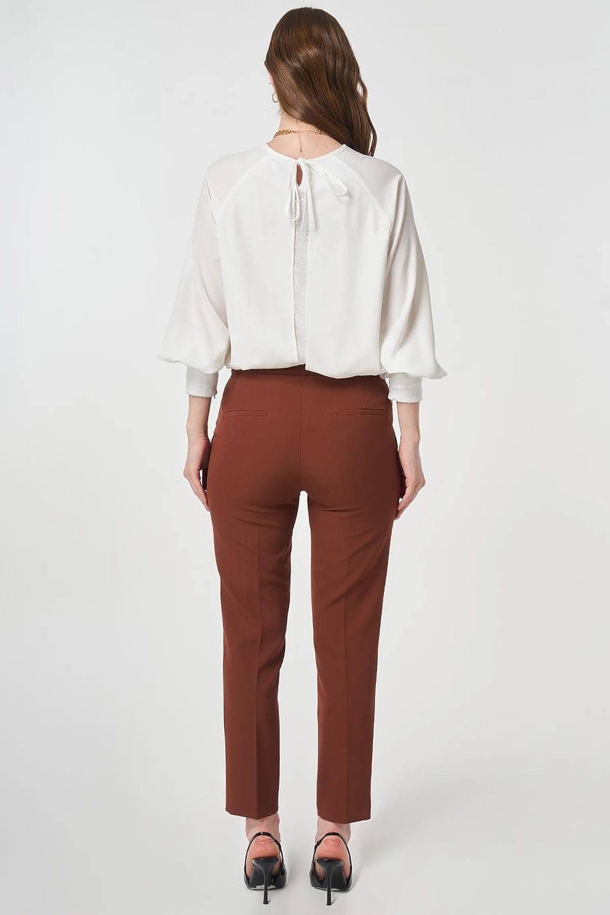 Pressed-Effect Basic Fabric Pants Dark Brown