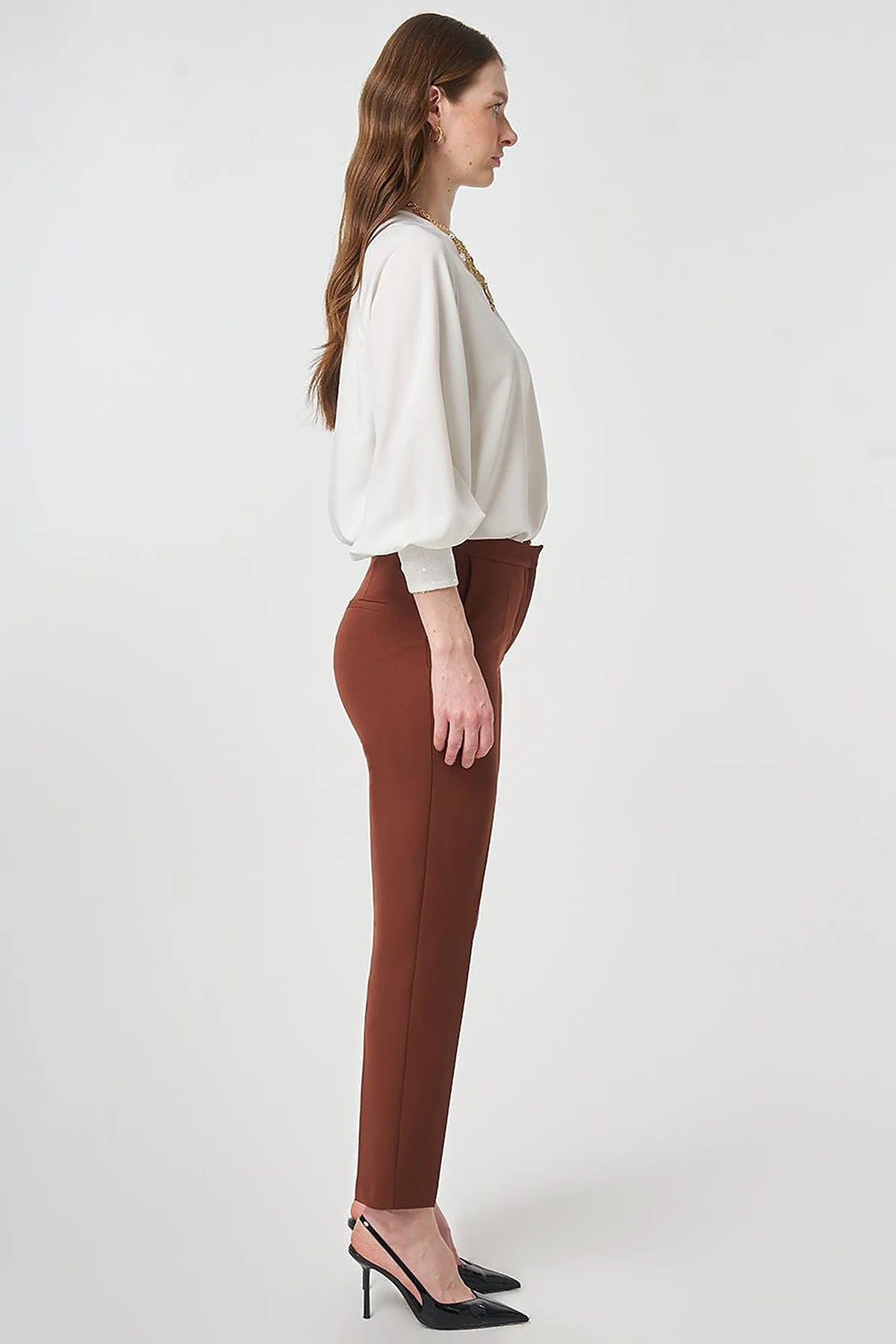 Pressed-Effect Basic Fabric Pants Dark Brown