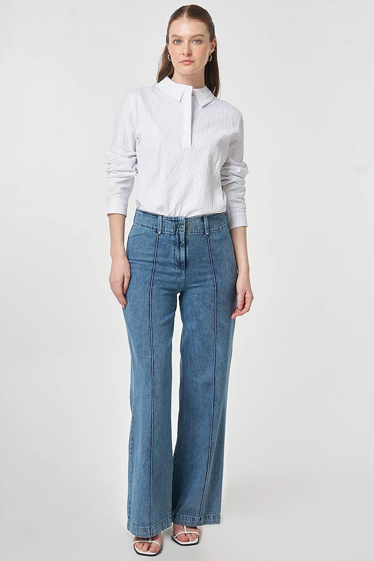 Yıkamalı Çima Dikişli Denim Pantolon Açık Mavi