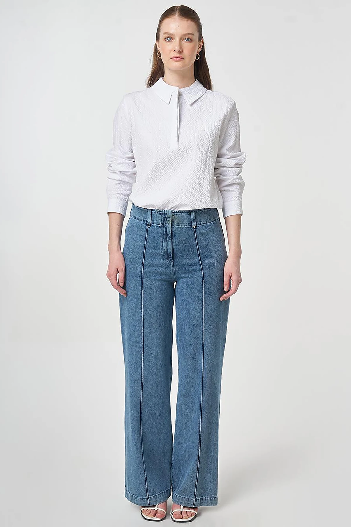 Yıkamalı Çima Dikişli Denim Pantolon Açık Mavi