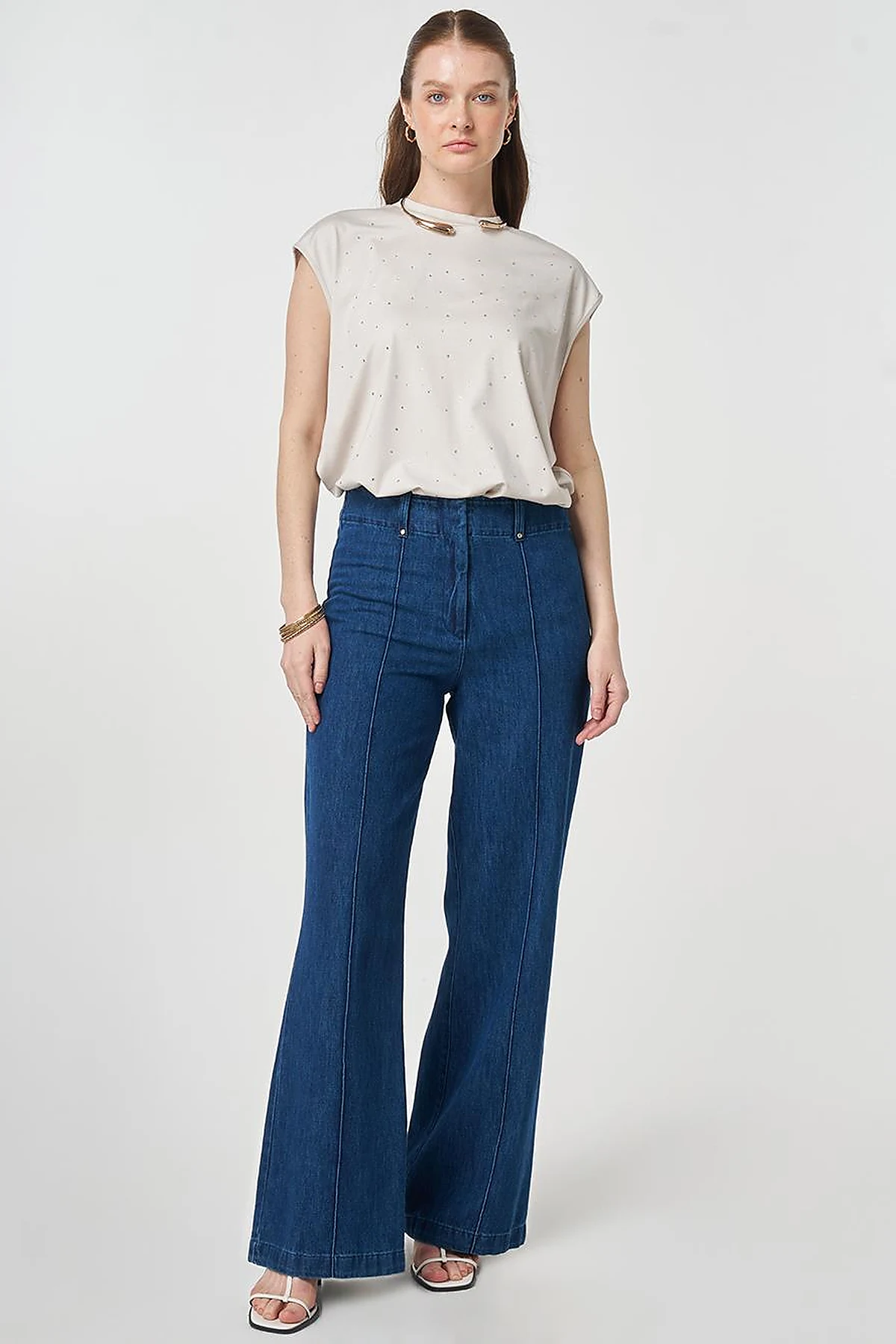 Washed Denim Trousers with Seam Stitching Navy