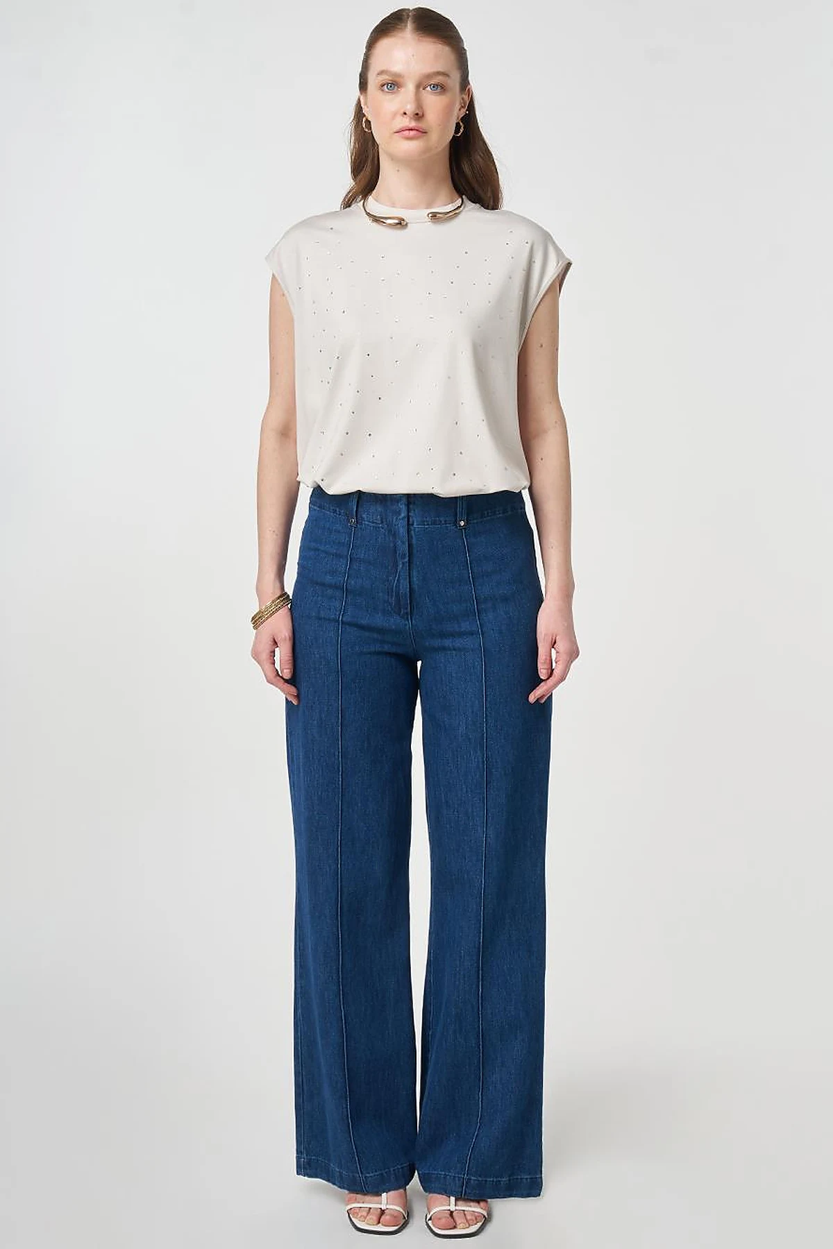 Washed Denim Trousers with Seam Stitching Navy