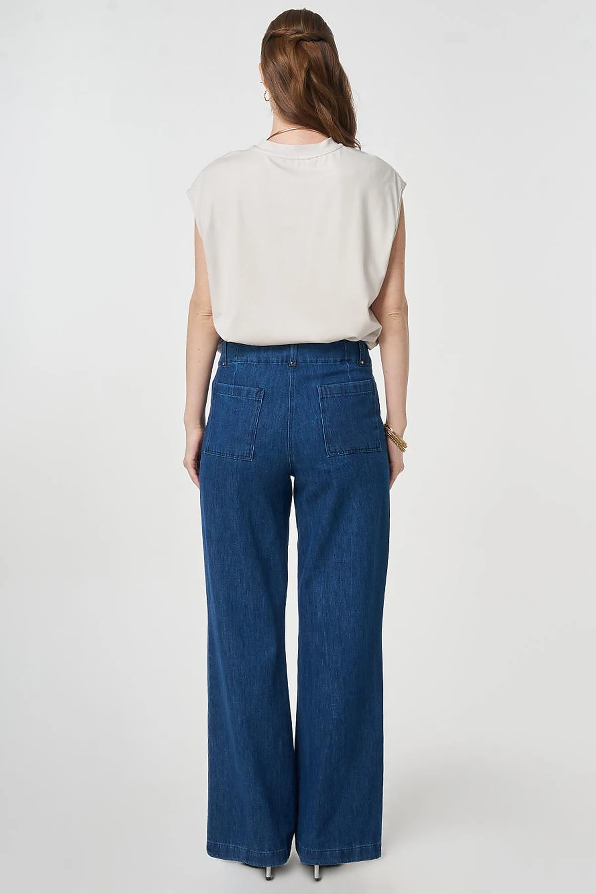 Washed Denim Trousers with Seam Stitching Navy